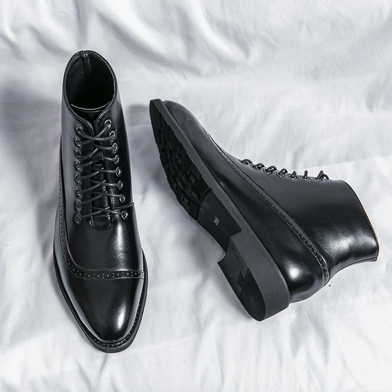 Winter Trend High Top Workwear Shoes Tips Thick Soles for Men's Business Dress Shoes British Style Men's Leather Ankle Boots