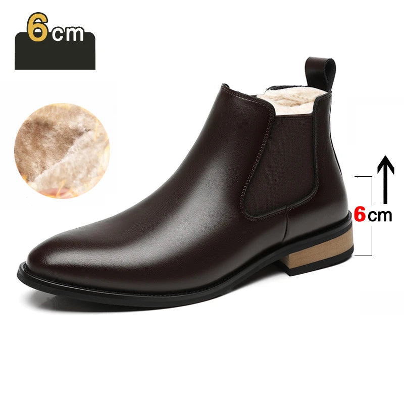 Winter New Men's Boots Genuine Leather Luxury Chelsea Boots Hidden Heels 6CM Height Increasing Shoes Man Outdoor Keep Warm Boots