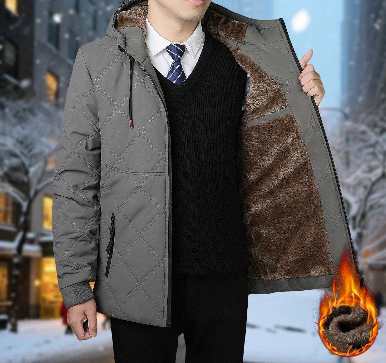 Winter Hooded Jacket Men Windproof Warm Business Casual Men Coats Blazers for Men Formal Social Jacket Solid Color Thick Coat