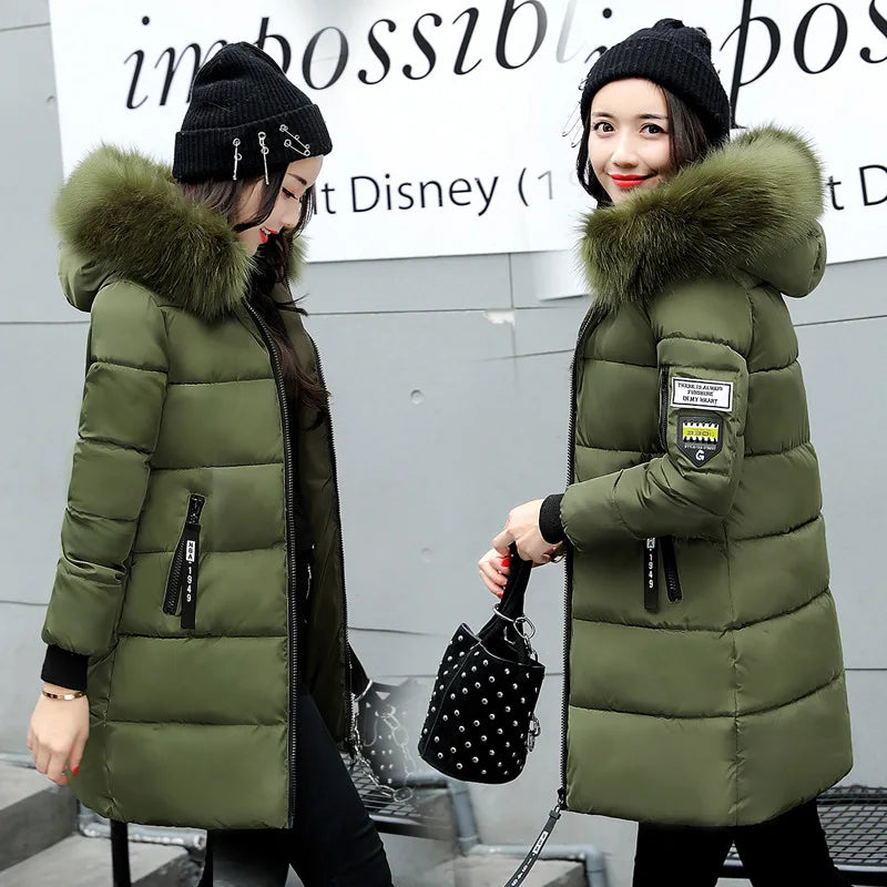 Women Parkas Hooded Long Sleeve Fur Collar Solid Thick Midi Parka Zipper Pockets Casual Warm Coat Outerwear Winter 2024