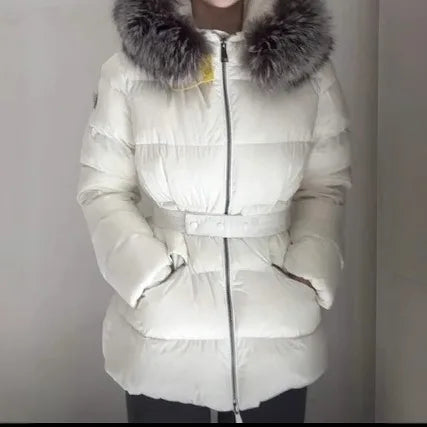 Winter Big Fur Collar Hooded Thickened Warm Jacket Korean Fashion Belt Slim Jacket Women Office Lady Solid Color Versatile Coat