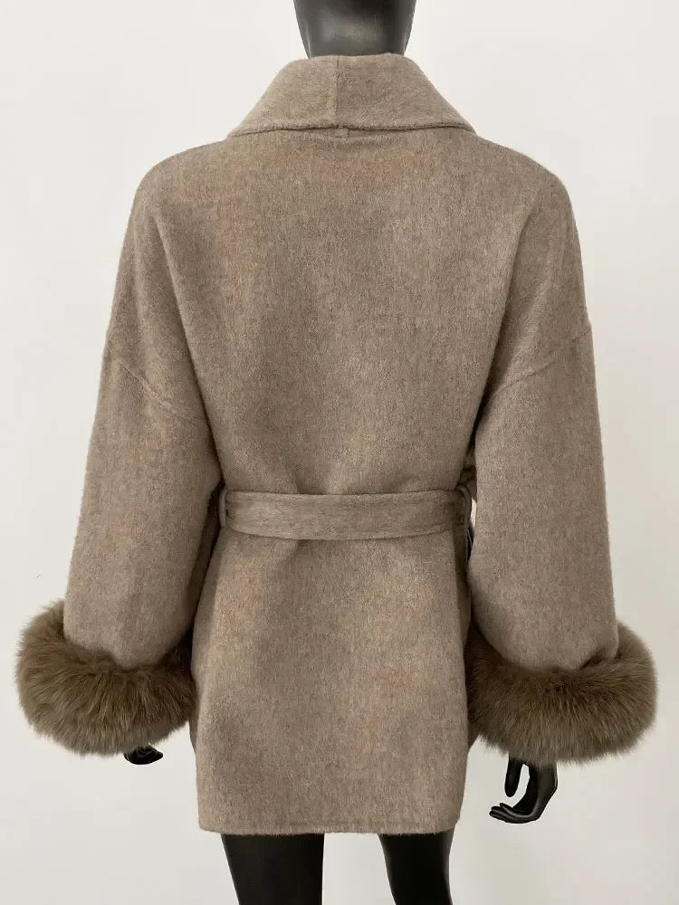 2024 New Winter Jacket for Women Natural Fox Fur Collar Thickened Warm Cashmere Wool Double-sided Coat Fashion V-neck Commuting