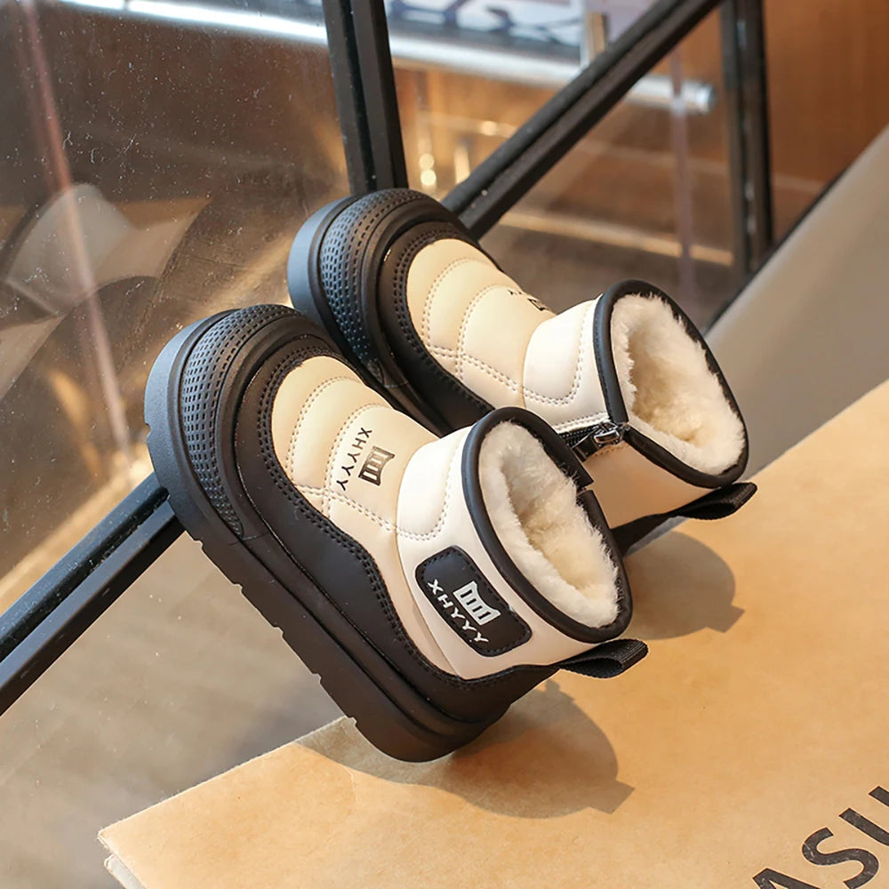 PU Leather Snow Boots For Children Waterproof Thick Warm Girl's Plush Boots Faux Fur Winter Cotton Shoes For Teenager Kids