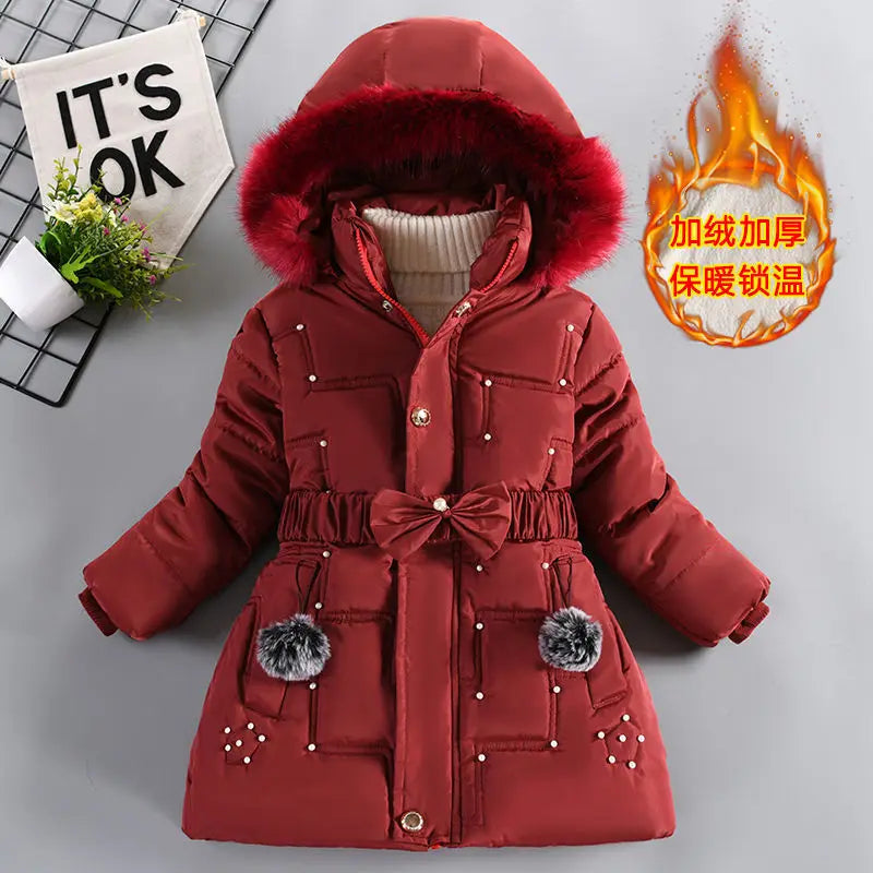 Thick Keep Warm Winter Girls Jacket Detachable Hat Plush Collar Hooded Padded Lining Coat For Kids Children Birthday Present
