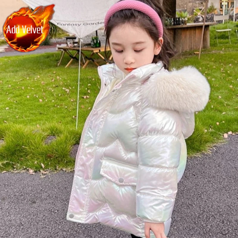 Winter Girls Down Jacket with Faux Fur Lining - Thermal Insulation Windproof Stain Resistant Coat for Medium To Large Kids