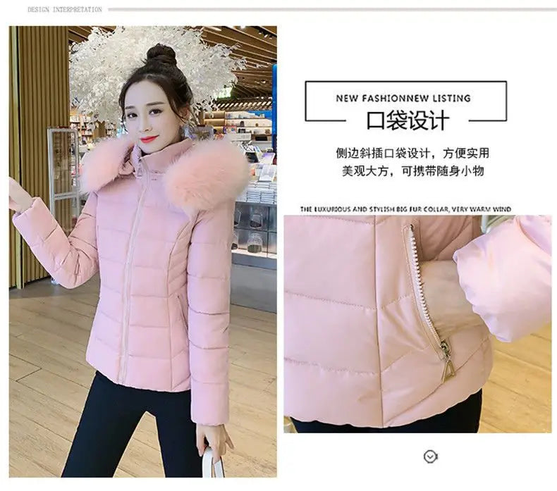 Fashion Winter Jacket Women 2025 New Korean Big Fur Collar Hooded Thick Down Parkas Female Short Coat Slim Warm Outerwear R047