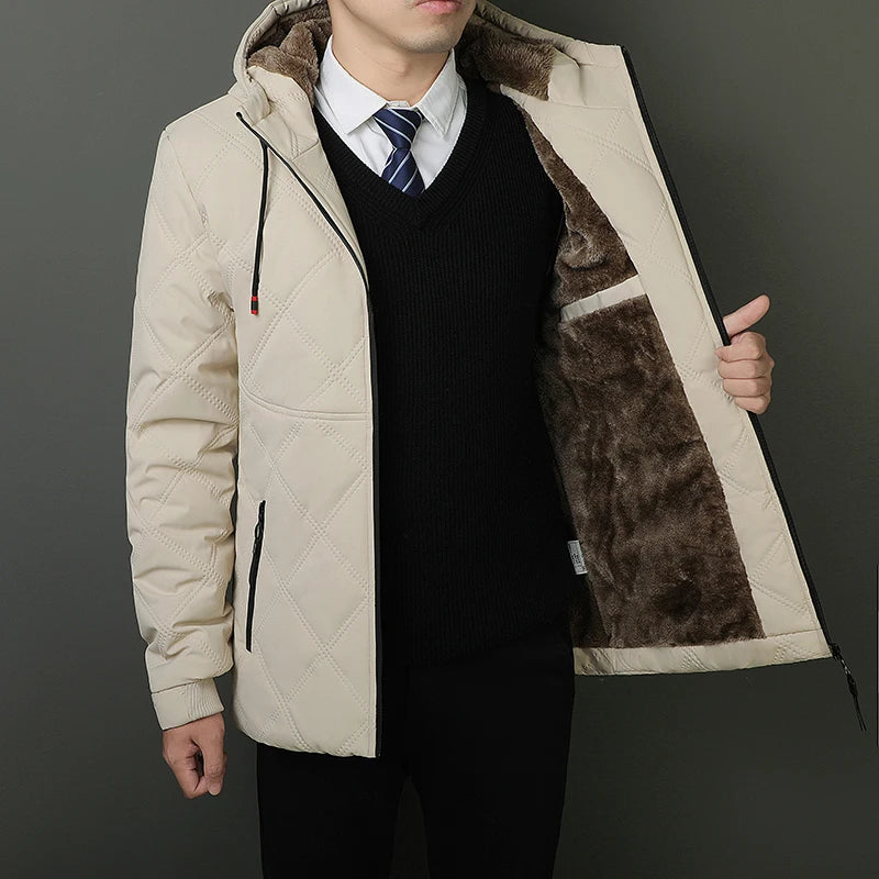 Winter Hooded Jacket Men Windproof Warm Business Casual Men Coats Blazers for Men Formal Social Jacket Solid Color Thick Coat