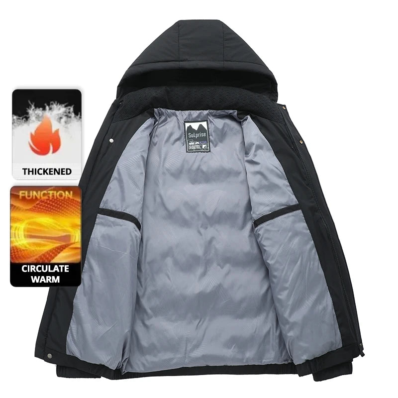 Men's Autumn Winter Quilted Parka Jacket with Thickened Lining – Hooded Standing Collar Windbreaker Coat for Middle-Aged Warmth