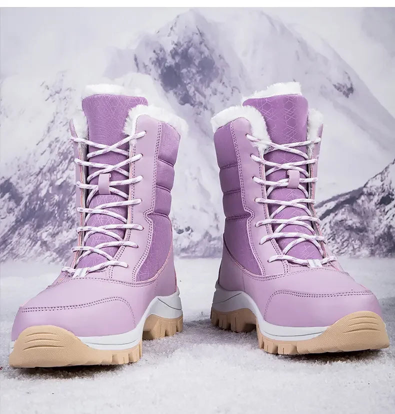 2025 Winter Women's Waterproof High Heel Boots Strap Up Flat Heel Boots Warm Snow Shoes, Plush Outdoor Fashion Casual Boots