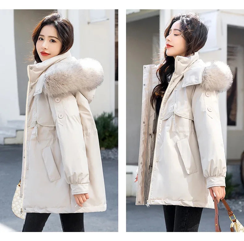 CJFHJE Parkas Winter Jackets Women Chaquetas Para Mujeres Waist Big Fur Collar Warm Down Jacket Outdoor Coat Abrigos De Plumas