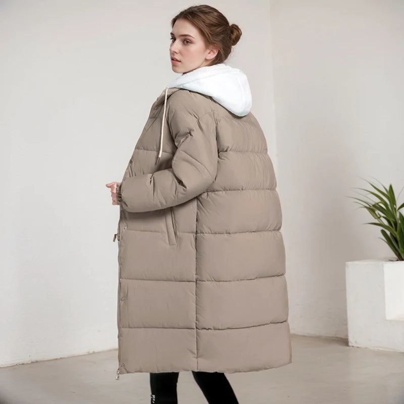 Winter Women Jacket Casual Loose Cotton-padded Knitted Hat Long Overcoat Fashion High Quality Fake Two Pieces Hooded Long Coat