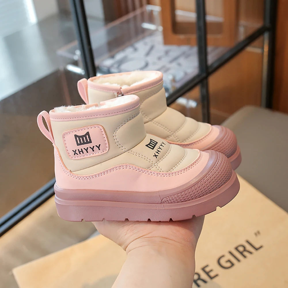 PU Leather Snow Boots For Children Waterproof Thick Warm Girl's Plush Boots Faux Fur Winter Cotton Shoes For Teenager Kids