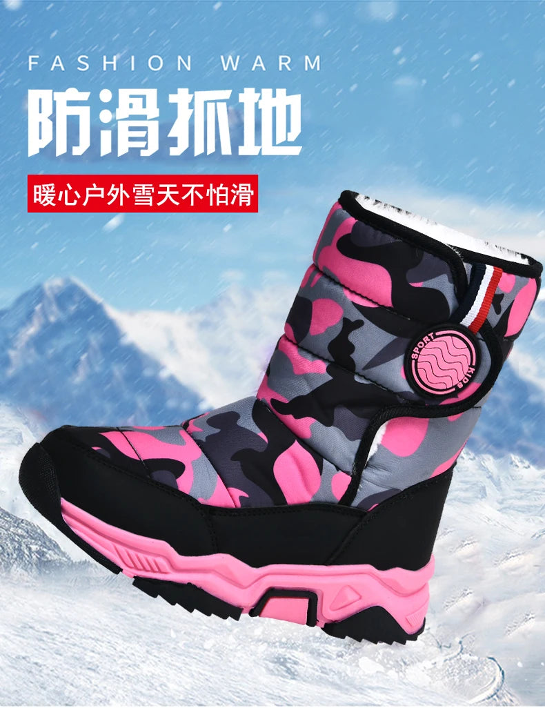Winter Children Casual Shoes Girls Non-slip Warm Fur Snow Boots Boys Tactical Sneakers Kids Outdoor Footwear Padded Boots Female