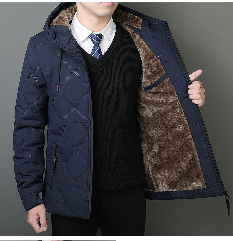 Winter Hooded Jacket Men Windproof Warm Business Casual Men Coats Blazers for Men Formal Social Jacket Solid Color Thick Coat