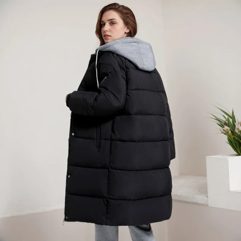 Winter Women Jacket Casual Loose Cotton-padded Knitted Hat Long Overcoat Fashion High Quality Fake Two Pieces Hooded Long Coat