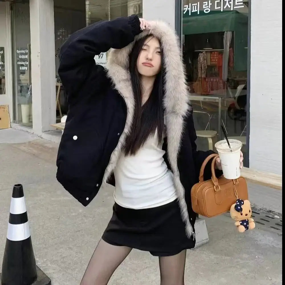 Winter plush jacket American log warm jacket men and women retro stylish hip-hop simple loose leather motorcycle punk jacket