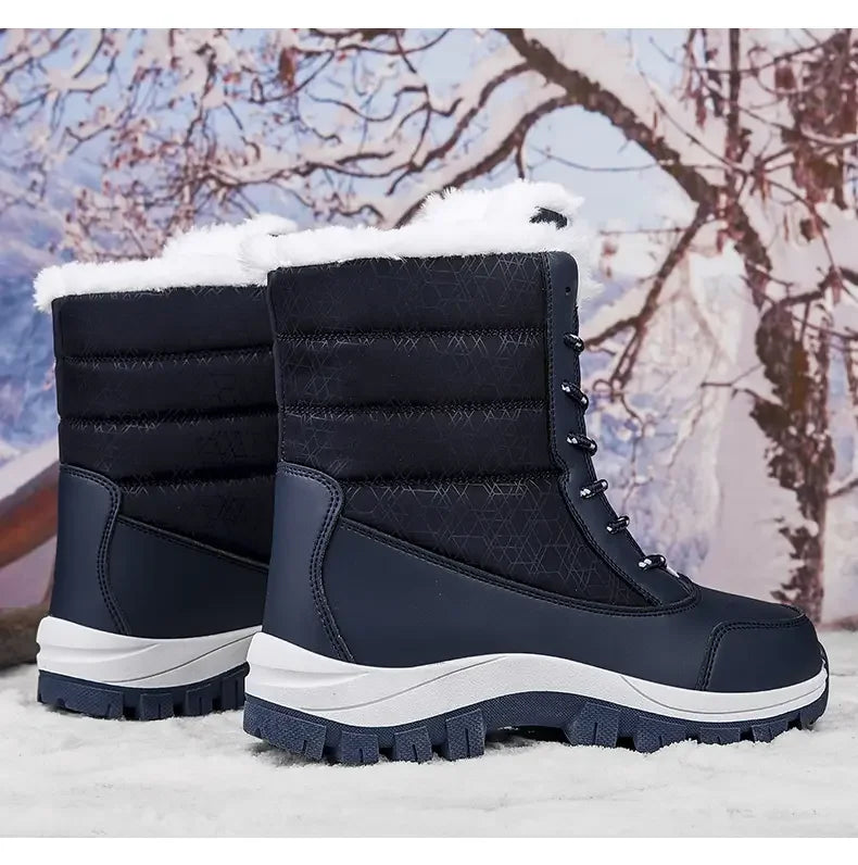 2025 Winter Women's Waterproof High Heel Boots Strap Up Flat Heel Boots Warm Snow Shoes, Plush Outdoor Fashion Casual Boots