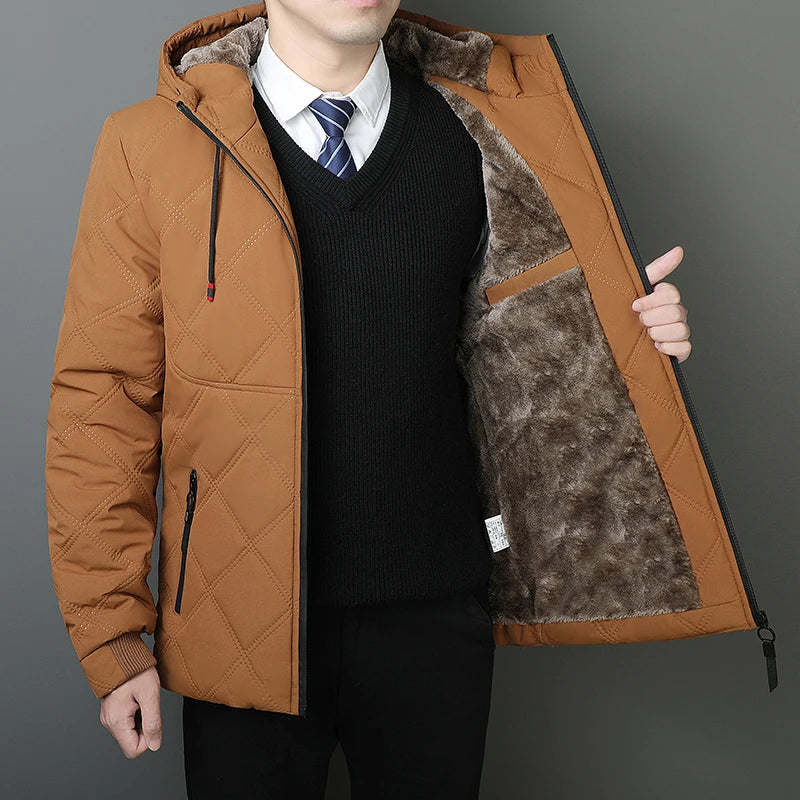 Winter Hooded Jacket Men Windproof Warm Business Casual Men Coats Blazers for Men Formal Social Jacket Solid Color Thick Coat