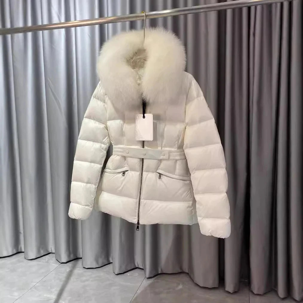 Winter Big Fur Collar Hooded Thickened Warm Jacket Korean Fashion Belt Slim Jacket Women Office Lady Solid Color Versatile Coat