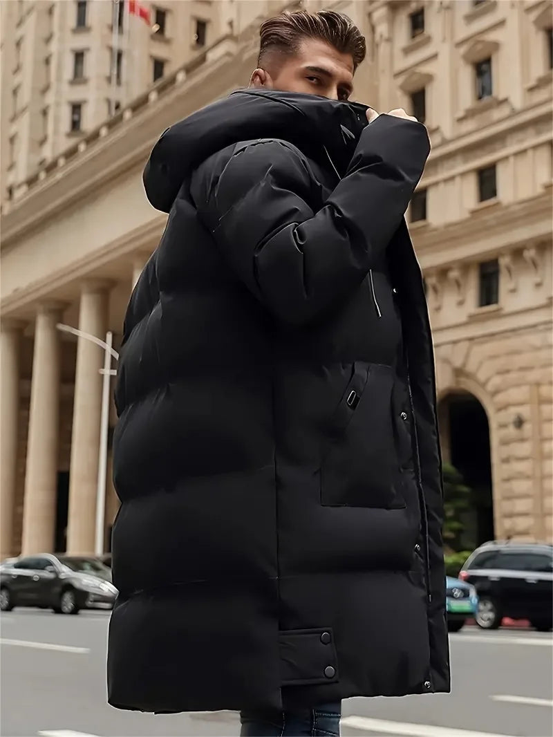 Men's Winter Jacket Hooded Full-Zip -Padded - Windproof Coat with Full-Length Zipper- Cold Weather Outdoor Clothing for Skiing