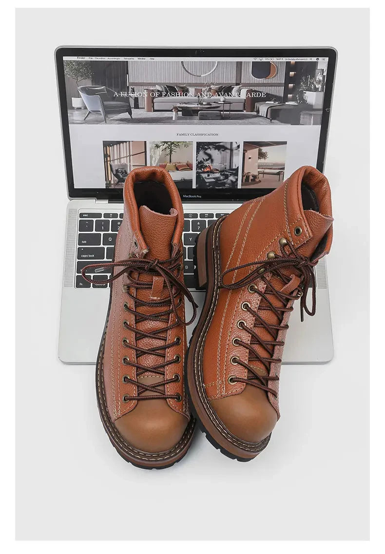 Men Leather Boots Vintage Work High Top Men's Shoes British Style Men's Leather Boots Spring Non Slip Lace Up Platform Shoes Man