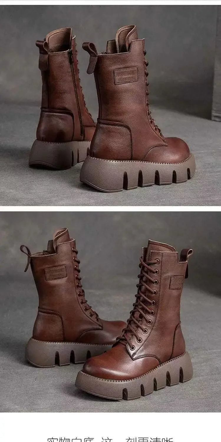 Winter Leather Women Boots 2025 Short Plush Mid-heel Snow Boots Lace Up Warm Lady Platform Biker Ankle Boots for Women Shoes