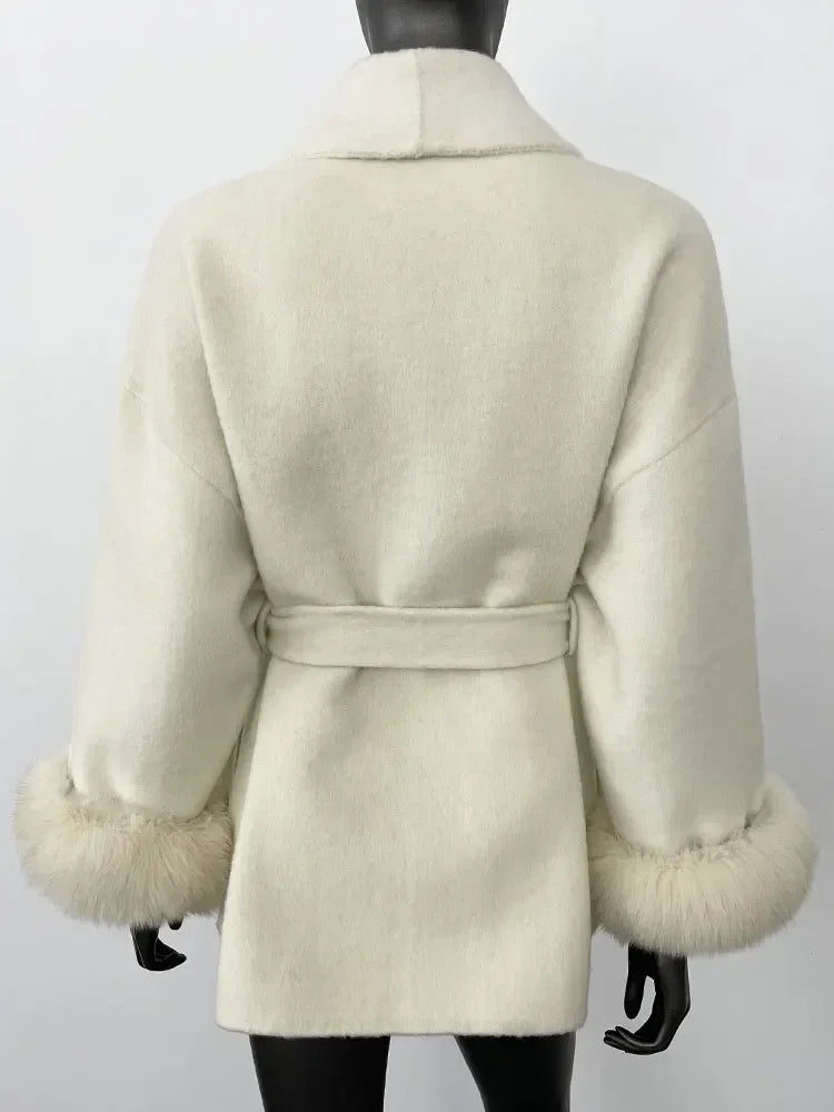 2024 New Winter Jacket for Women Natural Fox Fur Collar Thickened Warm Cashmere Wool Double-sided Coat Fashion V-neck Commuting