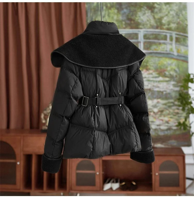 2025 New Winter Jacket Coat Female Parkas Fashion Lamb Wool Double Collar Short Belt Warm Down Cotton Jacket Women Outerwear Top