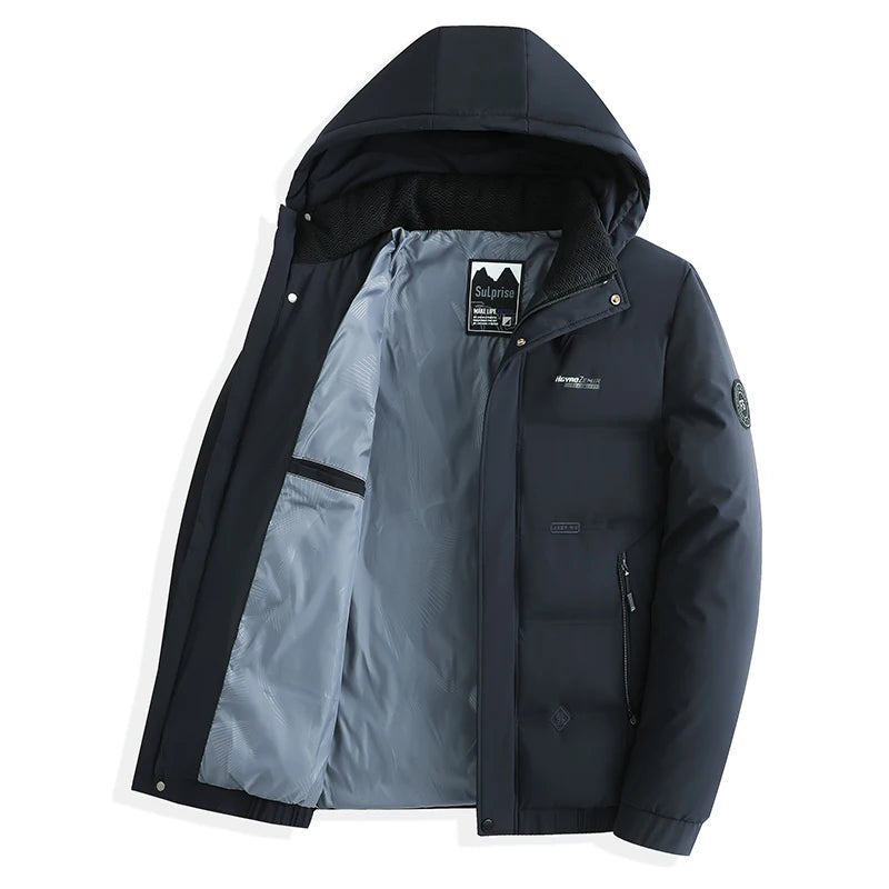 Men's Autumn Winter Quilted Parka Jacket with Thickened Lining – Hooded Standing Collar Windbreaker Coat for Middle-Aged Warmth