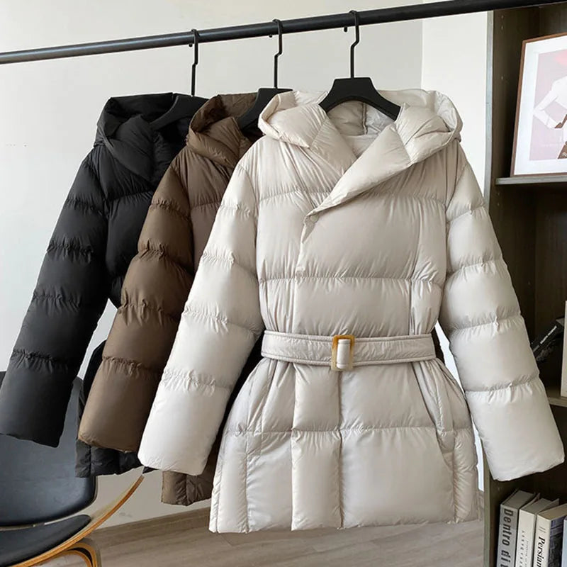 2025 New Winter Jacket Women Warm Parkas Long Sleeve Tops Casual Cotton Padded Jackets Belt Black Brown Hooded Outwear Female