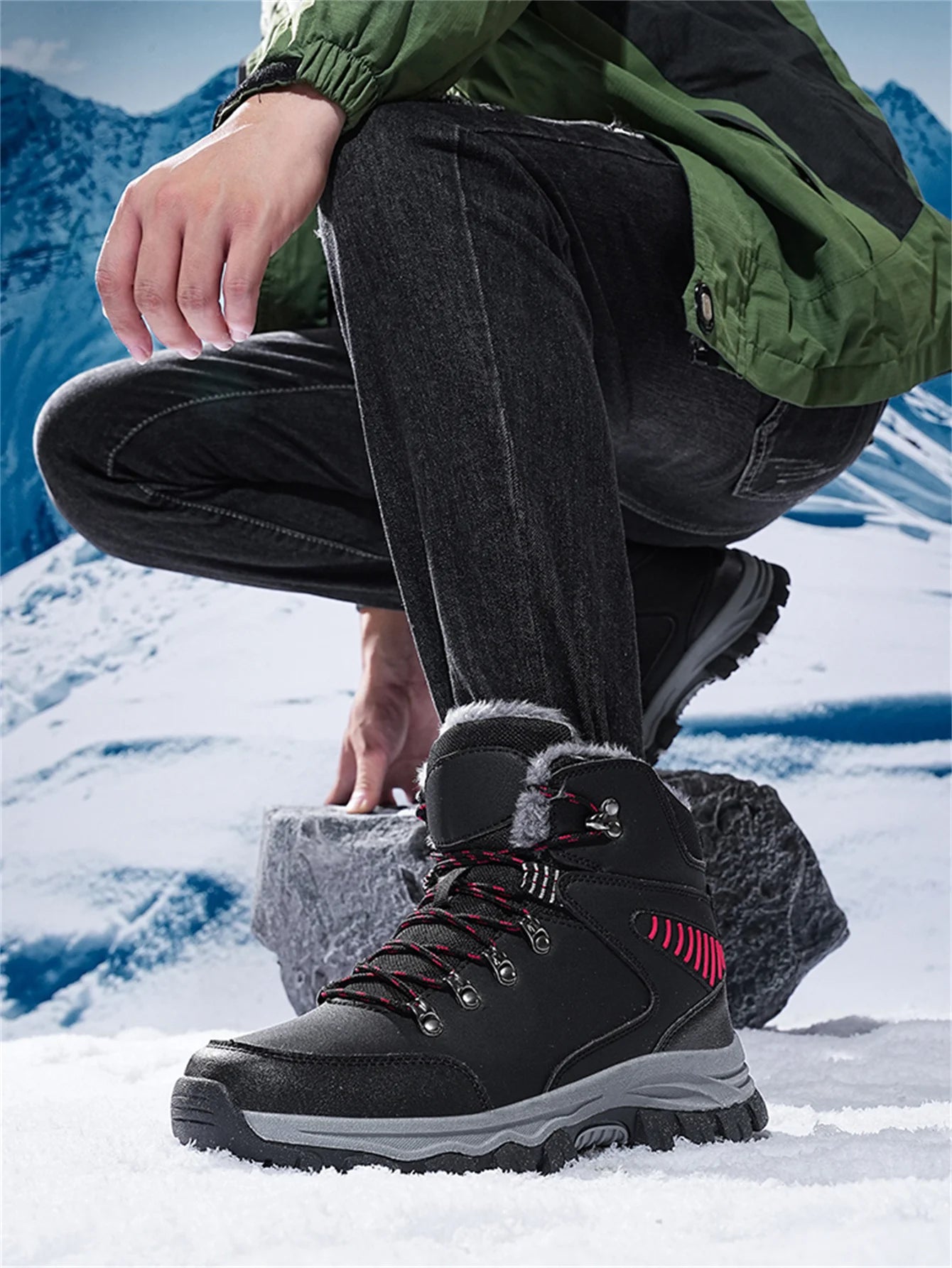 Mens Winter Snow Boots Durable Slip-resistant Windproof High-Top Sneakers Warm Comfortable Casual Shoes for Outdoor Activities