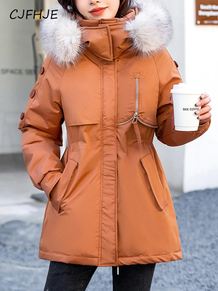 CJFHJE Parkas Winter Jackets Women Chaquetas Para Mujeres Waist Big Fur Collar Warm Down Jacket Outdoor Coat Abrigos De Plumas