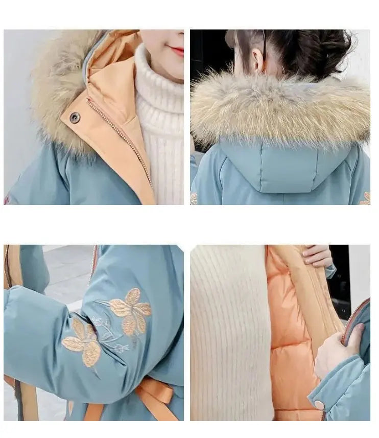 Winter Warm Jackets for Girls Two Colors Faux Fur Hooded Coat Kids White Duck Down Parkas Children Cotton Long Outwear
