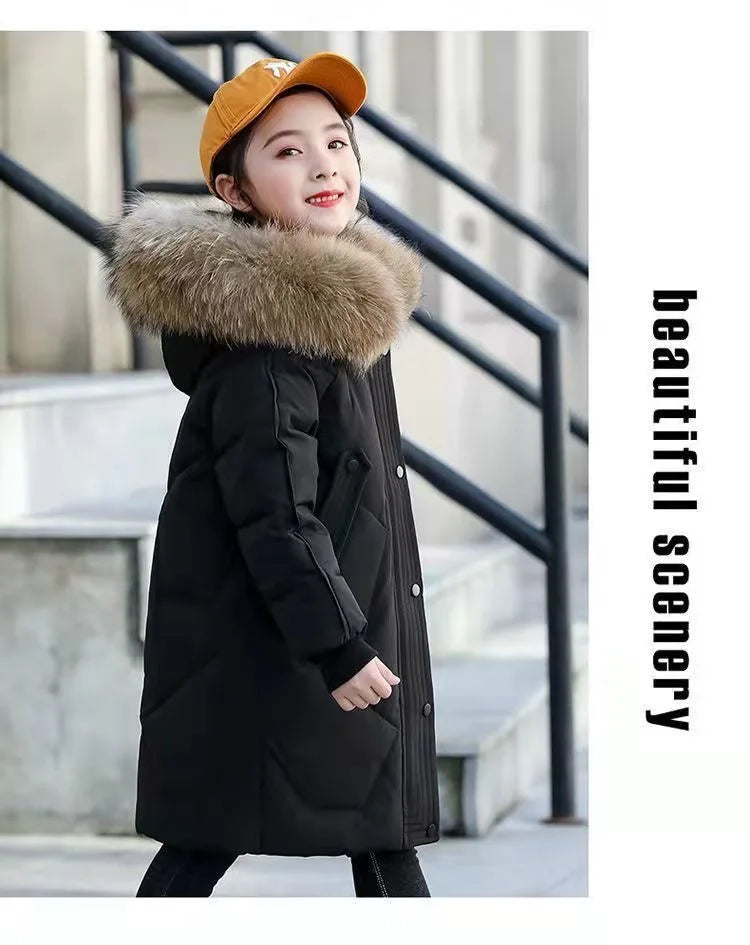 Winter Warm Jackets for Girls Two Colors Faux Fur Hooded Coat Kids White Duck Down Parkas Children Cotton Long Outwear