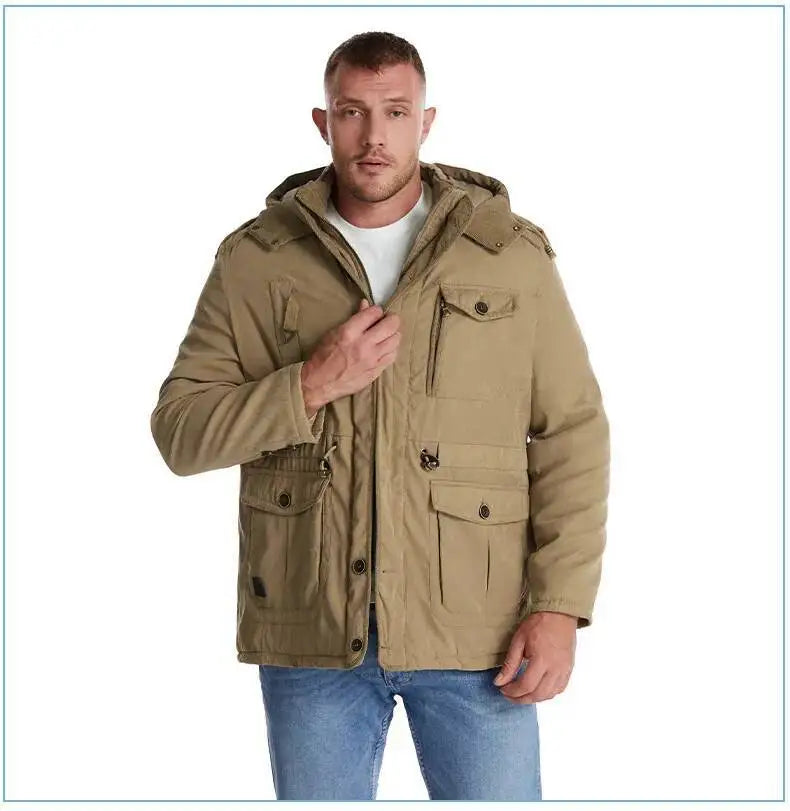 2025 Winter Men's American Fashion Versatile Hooded Cotton Jacket Thickened Multi Pocket Casual Simple Medium Length Top Coats