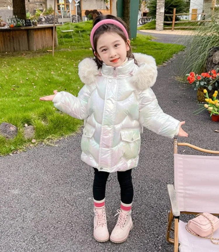 Winter Girls Down Jacket with Faux Fur Lining - Thermal Insulation Windproof Stain Resistant Coat for Medium To Large Kids