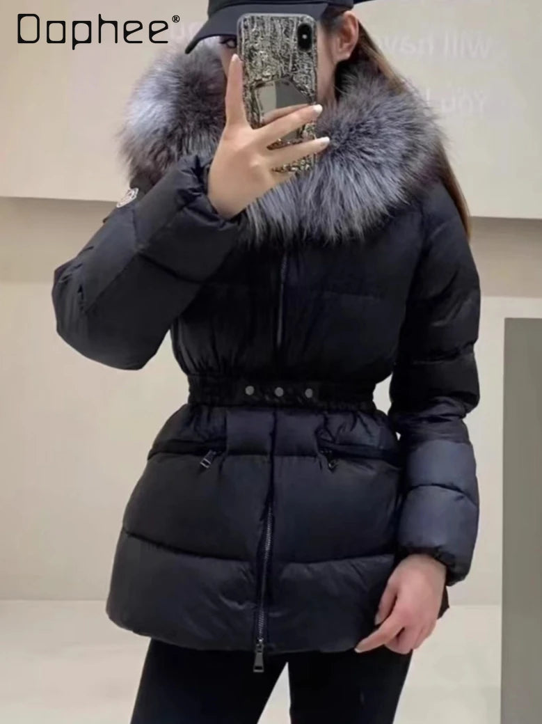 Winter Big Fur Collar Hooded Thickened Warm Jacket Korean Fashion Belt Slim Jacket Women Office Lady Solid Color Versatile Coat