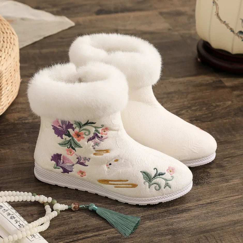Fashion Winter Boots Women's Shoes Ethnic Style Embroidered Short Boots Women Warm Snow Shoes Female Antiquity Dance Flat Boot