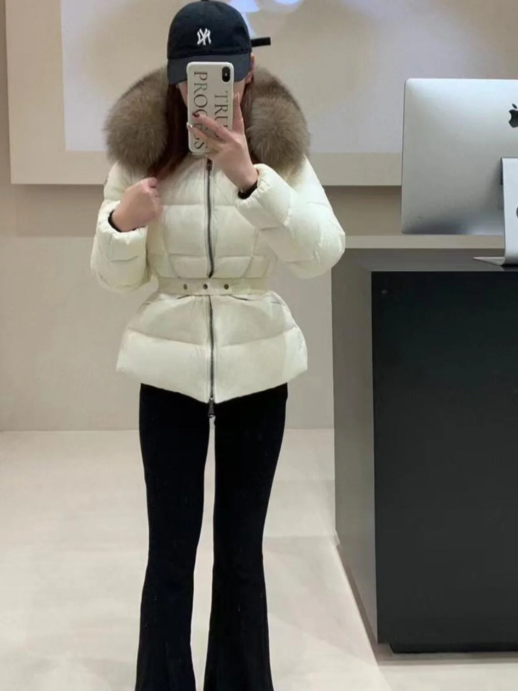 Winter Big Fur Collar Hooded Thickened Warm Jacket Korean Fashion Belt Slim Jacket Women Office Lady Solid Color Versatile Coat