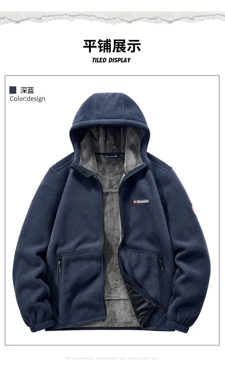 Men's Outdoor Sport Hooded Sweatshirt Jacket Warm Fleece Liner Windproof Softshell Inner Polar Fleece Coat with Zipper & Pockets