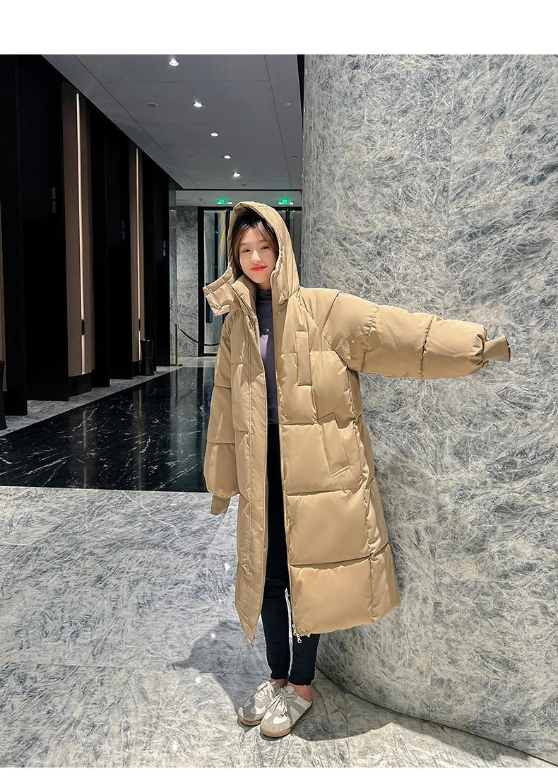 Vielleicht 2025 Korean Jacket Women Winter X-long Parkas Solid Hooded Thicken Warm Female Snow Wear Coat Padded Loose Clothes