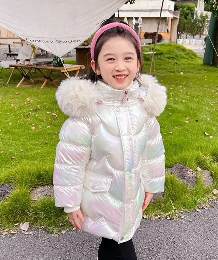 Winter Girls Down Jacket with Faux Fur Lining - Thermal Insulation Windproof Stain Resistant Coat for Medium To Large Kids