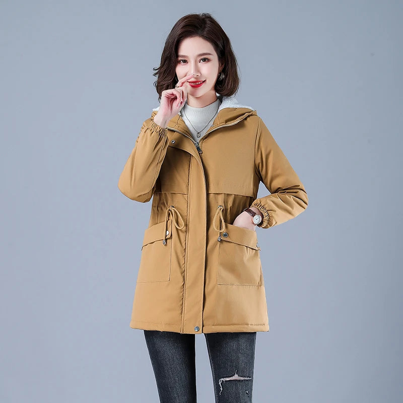 Winter Jacket Cotton Warm Puffer Coat Women Casual Parkas With Lining Plush hooded trench Outwear Women's Clothes