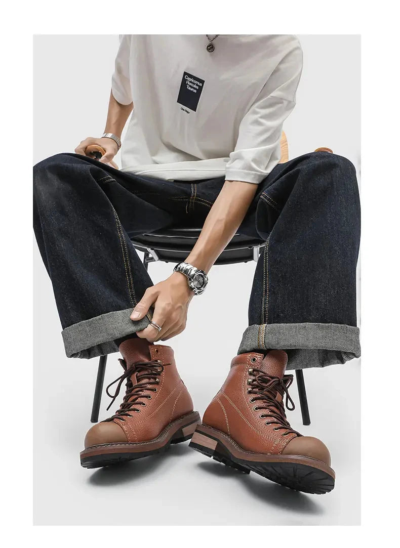Men Leather Boots Vintage Work High Top Men's Shoes British Style Men's Leather Boots Spring Non Slip Lace Up Platform Shoes Man