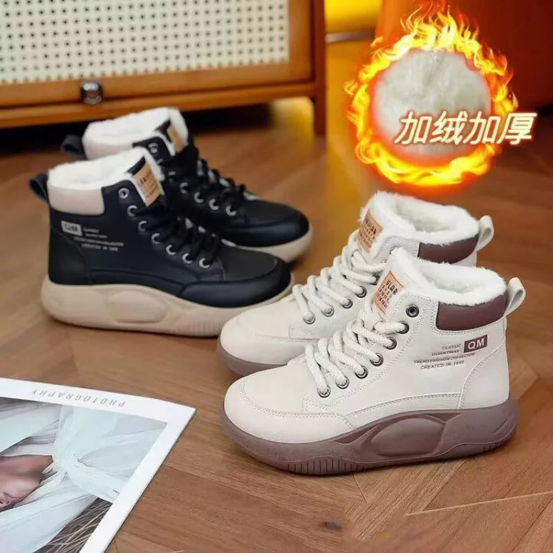 【2025 Winter】Women's High-Top Thermal Sneakers Fashion All-Match Fur Lined Winter Shoes Non-Slip Warm Casual Sports Shoes