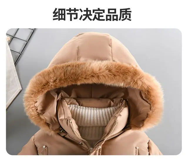 Thick Keep Warm Winter Girls Jacket Detachable Hat Plush Collar Hooded Padded Lining Coat For Kids Children Birthday Present