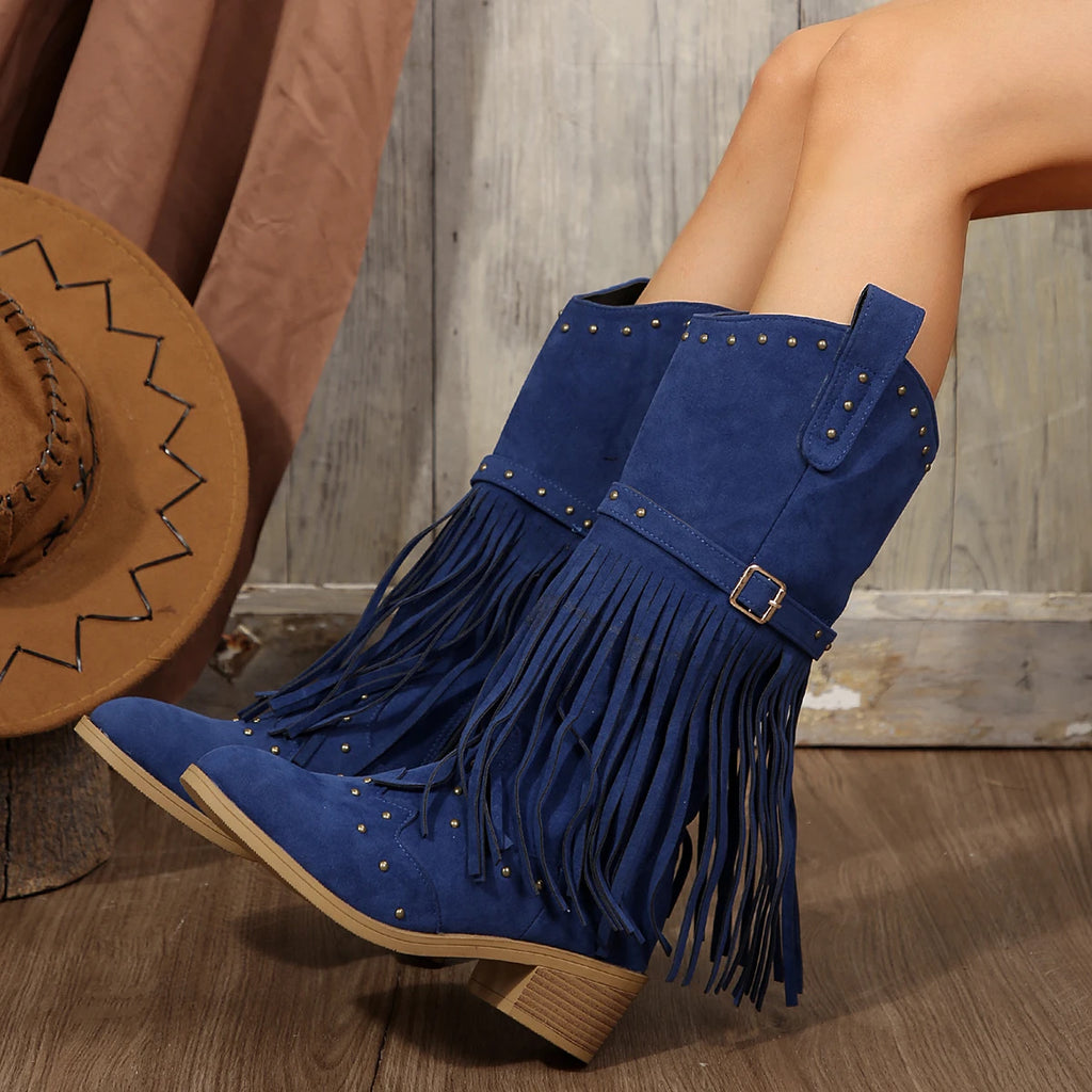 2024 Winter Women Fringes Thick Heel High Boots Suede Pointed Toe Outdoor Fashion Platform Shoes Willow Nails Pumps Women Shoes