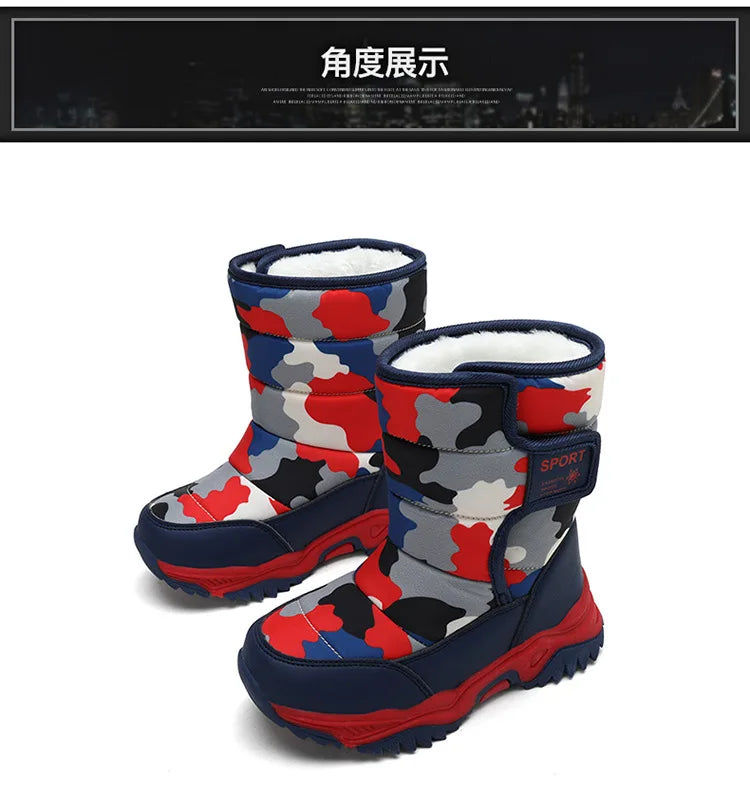 Outdoor Sport Cotton Shoes Child Footwear Fashion Waterproof Kids High Plush Boots Children Winter Boots Boys Girls Snow Boots