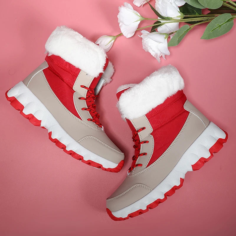 Women's Winter Fashionable Casual and Comfortable Snow Boots - Plush Lined Collar, Non-Slip, Wear-Resistant and Durable Soles, Warm Lining, Round Toe, Warm Outdoor Hiking Boots with Lace-Up Closure