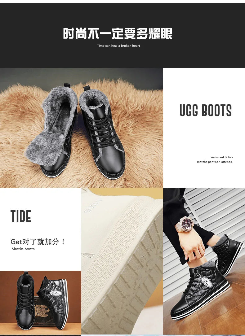 Winter New Shoes for Men Fur Boots High Tops Leather Warm Plush Casual Shoes Outdoor Snow Boots